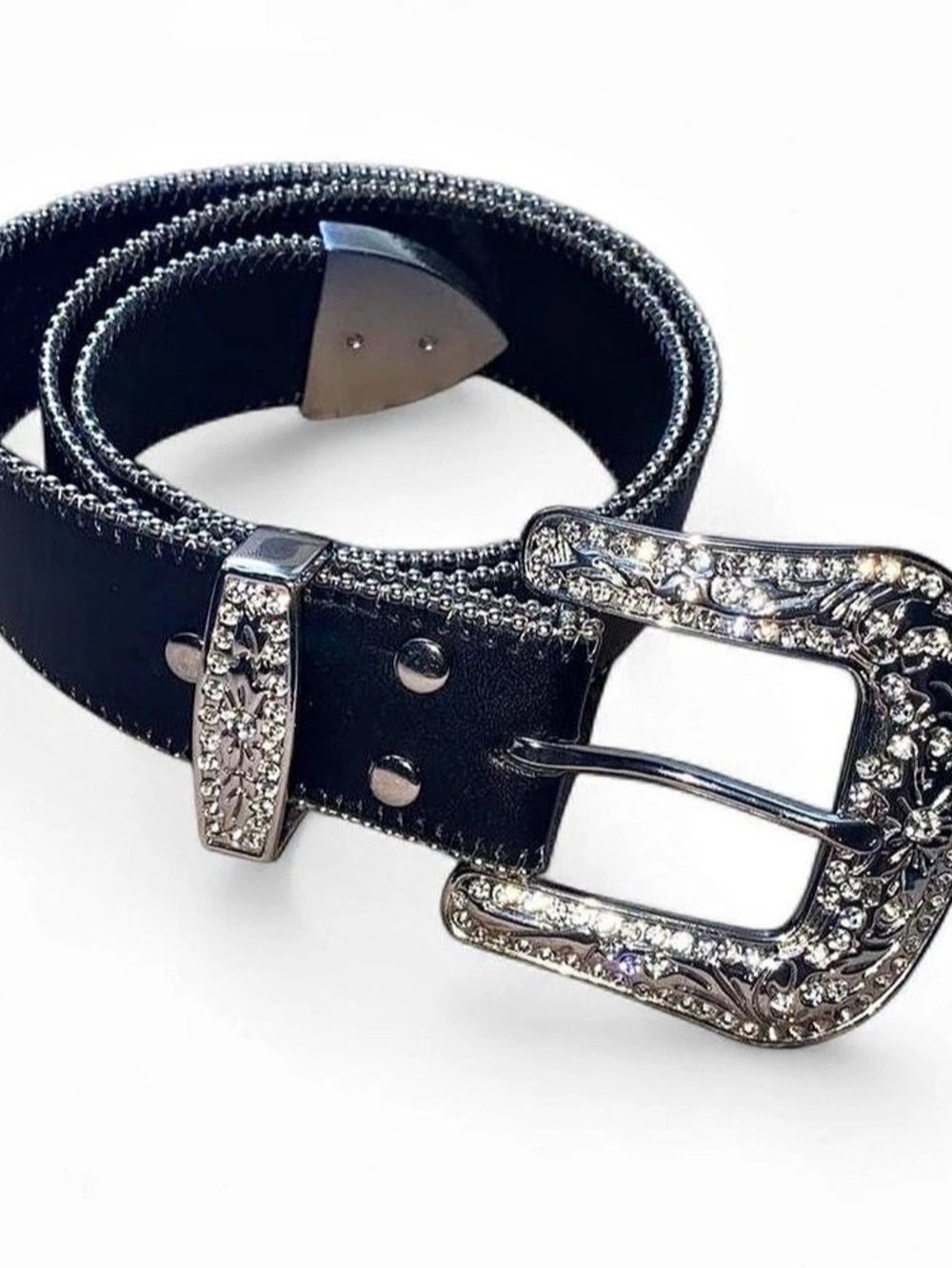 Rhinestone Buckle Western Black Leather Belt
